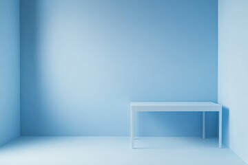 Minimalist blue room, table, corner, sunlight, mockup, background, design, interior