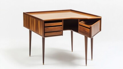 Mid-century modern wooden desk with drawers and tapered legs.