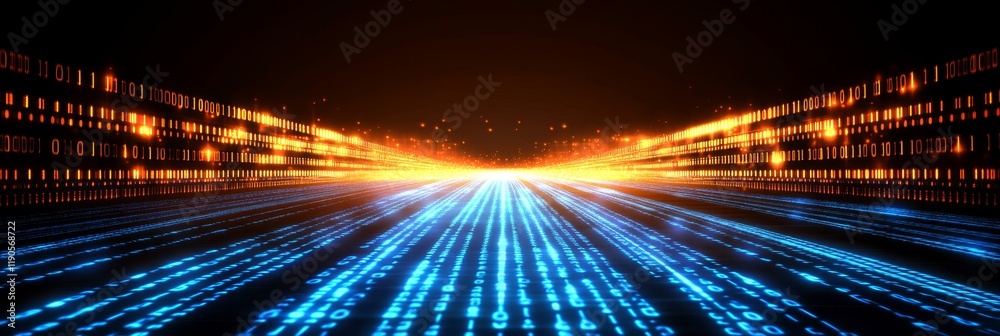 Poster abstract binary code glowing digital stream of data with light trails on black background