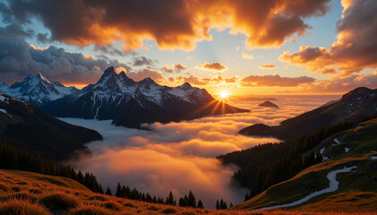 Golden sunrise illuminating snow-capped mountains, natural beauty