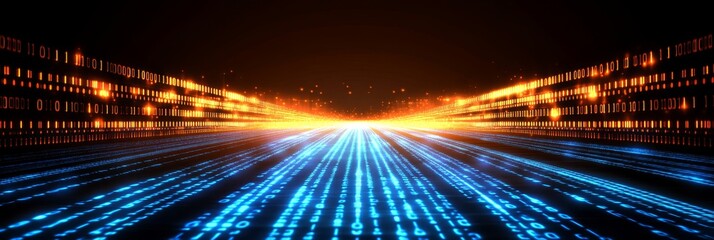 Abstract Binary Code Glowing Digital Stream of Data With Light Trails On Black Background