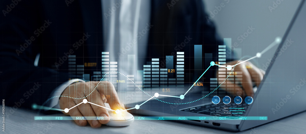 Aufkleber Business growth graph chart. Businessman using analyzing sales data and financial report.Financial marketing graph grow chart. Arrow up with graph corporate future growth plan