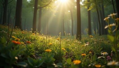 Obraz premium Wildflowers blooming in a sunlit forest meadow