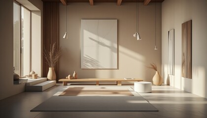 Minimalist interior with natural wood furniture and soft lighting