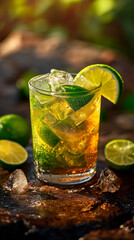 Refreshing mojito cocktail with rum, mojito, lime, ice, mint, and alcoholic beverage in glass