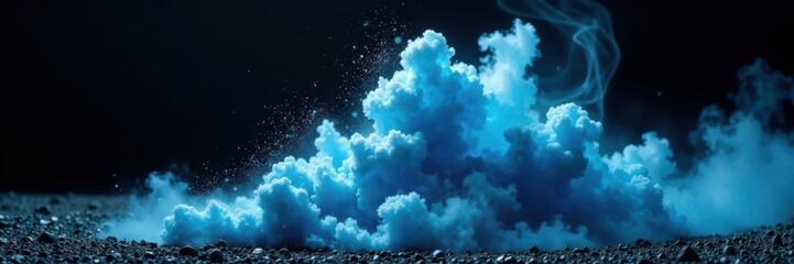 Fototapeta premium Swirling azure dust cloud erupts, stark black setting, bright, cloud, photo
