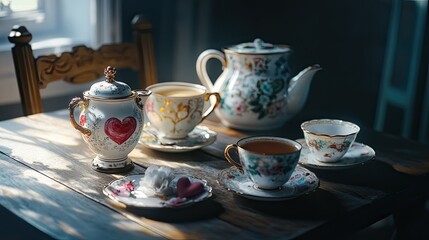 Fototapeta premium A table with a heart-themed tea set, complete with delicate porcelain cups and saucers