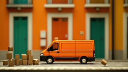 Fototapeta premium Orange Delivery Van with Cardboard Boxes on City Street Fast Shipping Concept