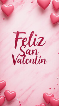 Tarjeta vertical de Feliz San Valent&iacute;n con fondo de m&aacute;rmol rosa y corazones tridimensionales en rosa.