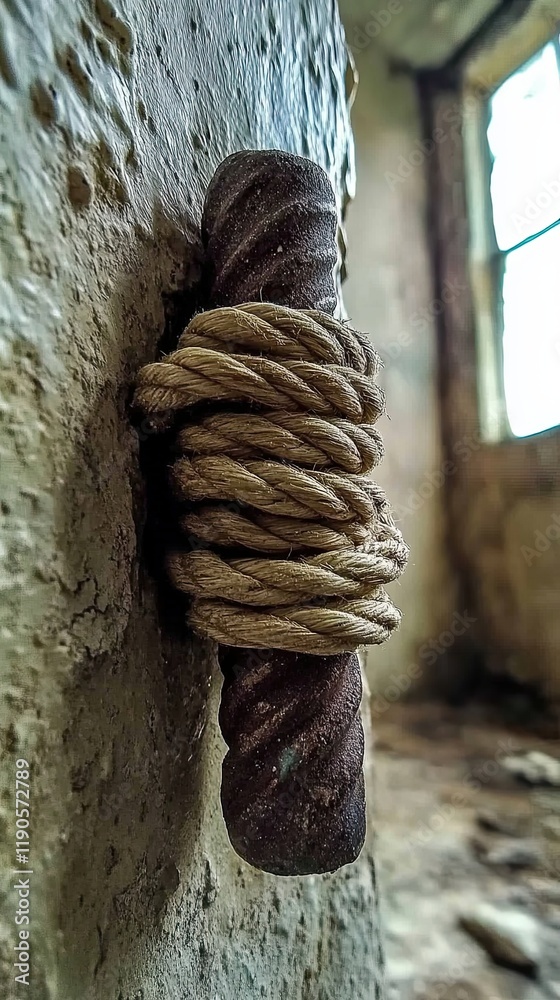 Aufkleber rugged iron nail intertwined with coarse rope on a textured surface in an abandoned setting