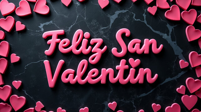 Felicitaci&oacute;n de 14 de febrero con grandes letras rosas 'Feliz San Valent&iacute;n' sobre m&aacute;rmol negro y marco de corazones