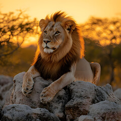 Obraz premium Majestic lion at sunset, resting on rocks in the African savanna. Golden hour light illuminates its mane.