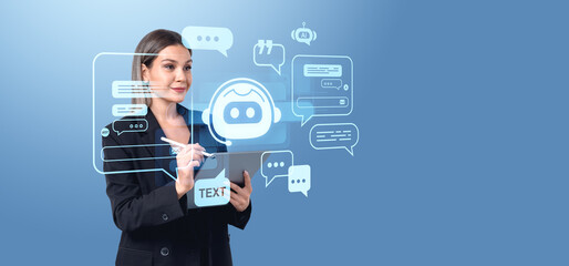 Businesswoman interacting with AI chatbot interface on blue back