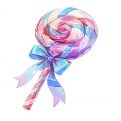 Delicious Swirl Lollipop with Pastel Ribbon Bow Watercolor Candy Sweet Treat