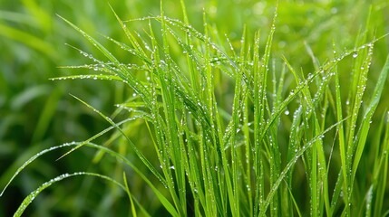A close-up of tall wild grasses with droplets of morning dew resting on the tips.