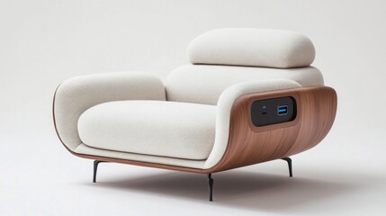 Modern armchair with integrated USB port, upholstered in off-white fabric with wooden frame.