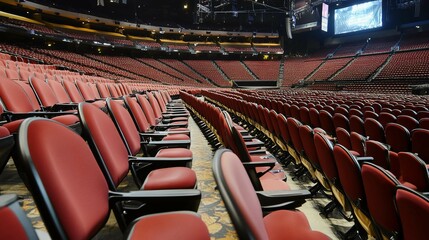 Fototapeta premium Empty stadium seats, a silent testament to the absence of fans, symbolizing the void left by the lack of human connection and shared experiences in the face of challenges.