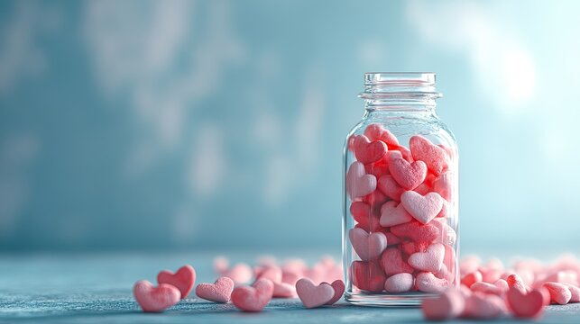 A vintage-style glass bottle filled with pink and red heart-shaped candies