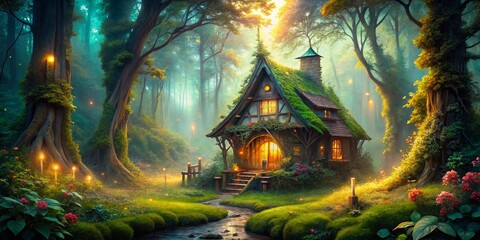 Enchanting Medieval House in Mystical Forest - Double Exposure Fantasy Stock Photo