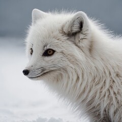Obraz premium A sleek arctic fox with its fluffy tail curled around its body on a white background.