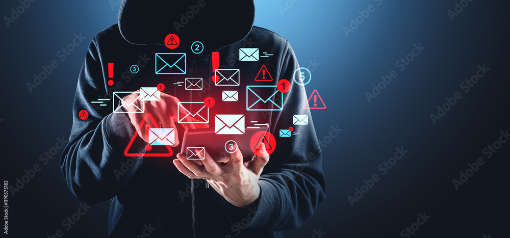 Wall mural cybersecurity concept with emails and alerts on a dark backgroun