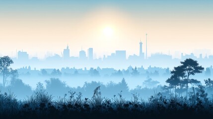 Fototapeta premium Misty Morning Cityscape Urban Skyline Silhouette with Dreamy Atmosphere and Lush Foreground