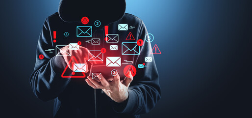 Cybersecurity concept with emails and alerts on a dark backgroun