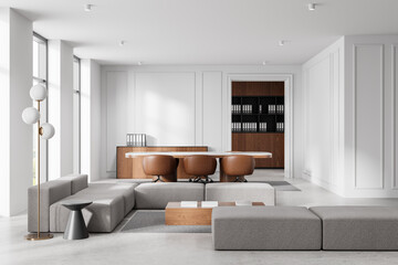 Modern minimalist office interior with white walls, brown furniture, and a cozy lounge area. 3D Rendering