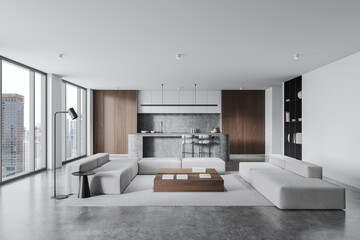 Modern minimalist living room with kitchen area, featuring sleek furniture, large windows, and urban cityscape view in natural light. 3D Rendering