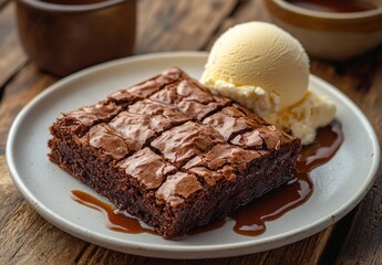 Delicious Chocolate Brownie with Vanilla Ice Cream and Chocolate Sauce on Wooden Table, Perfect for Dessert Lovers and Food Photography Enthusiasts