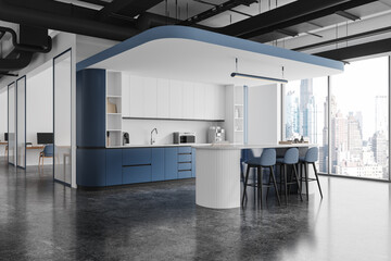 Modern kitchen interior with blue cabinets and dining area in open space with city view and clean design. 3D Rendering