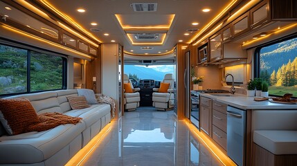 Spacious motorhome interior with a large kitchen area and reclining seats