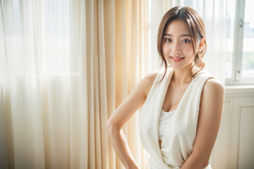 Fototapeta premium A woman in a white dress is smiling for the camera