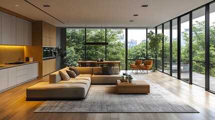 Fototapeta premium Modern condominium interior with open-concept living room and kitchen layout