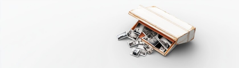 Open Box with Scattered Photographs on White Background - Ideal for Memory or Nostalgia Themes