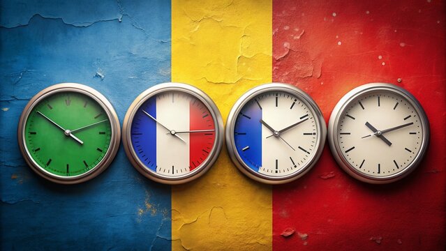 Europe Time Zones: Four Clocks Showing Standard Time Differences in National Colors - Stock Photo