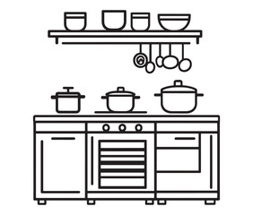 A black and white drawing of a kitchen, Line art kitchen furniture set