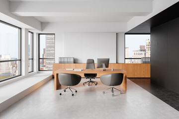 Obraz premium Modern executive office with wooden desk and cityscape view through large windows. 3D Rendering