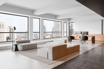 Modern office interior with open space, city view, and contemporary furniture in neutral tones. 3D Rendering