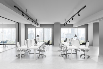 Modern open space office interior with white desks and chairs, large windows overlooking the city, and minimalist decor. 3D Rendering