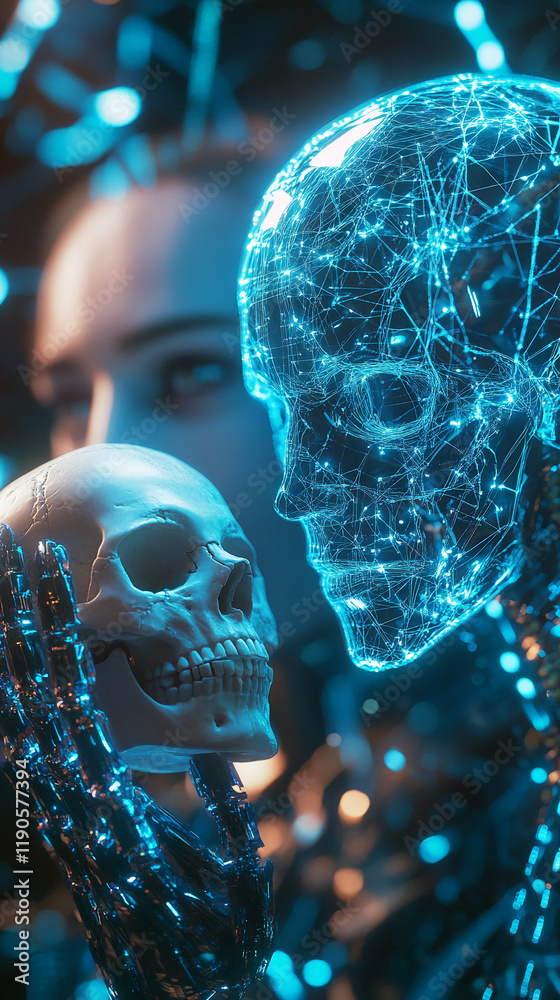 Poster futuristic robotic skull with glowing network and human skull interaction