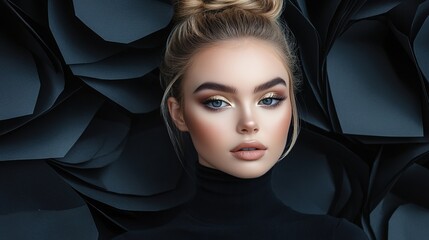 Fototapeta premium Beautiful blonde girl with hair in bun and black turtleneck posing against the background of abstract black paper shapes