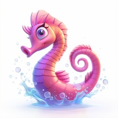 Fototapeta premium Adorable Pink Cartoon Seahorse Splashing in Water Cute Aquatic Animal Illustration