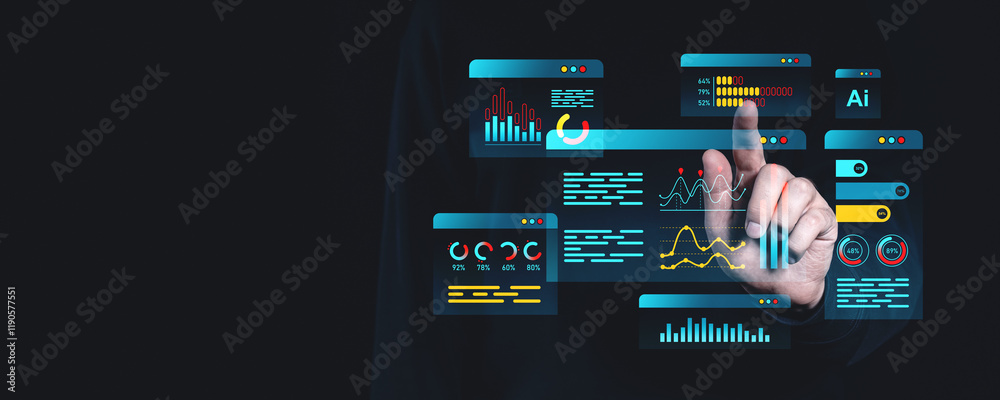 Poster interactive data visualization with futuristic interface on dark background.