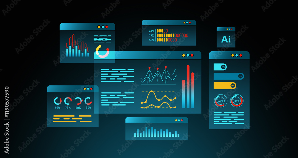 Poster digital dashboards with charts and graphs on dark background, showcasing data analysis and statistic