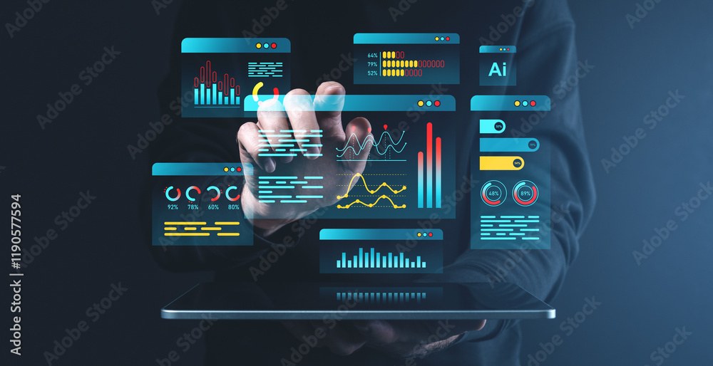 Poster digital interface with analytics and ai elements on dark background.