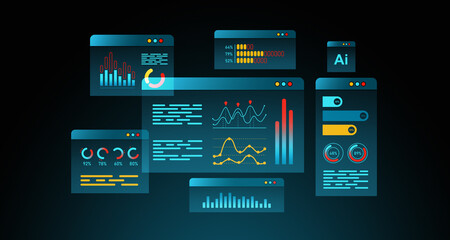 Fototapeta premium Digital dashboards with charts and graphs on dark background, showcasing data analysis and statistics visualization. 3D Rendering