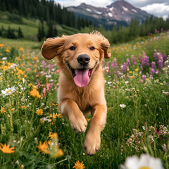 Golden retriever puppy joyfully running through a vibrant wildflower meadow, mountains in the background.