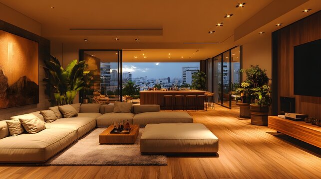 Luxury condominium interior with a private bar and open entertainment space