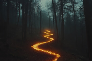 Fototapeta premium A glowing hiking trail winding through a dark digital forest, symbolizing an active lifestyle